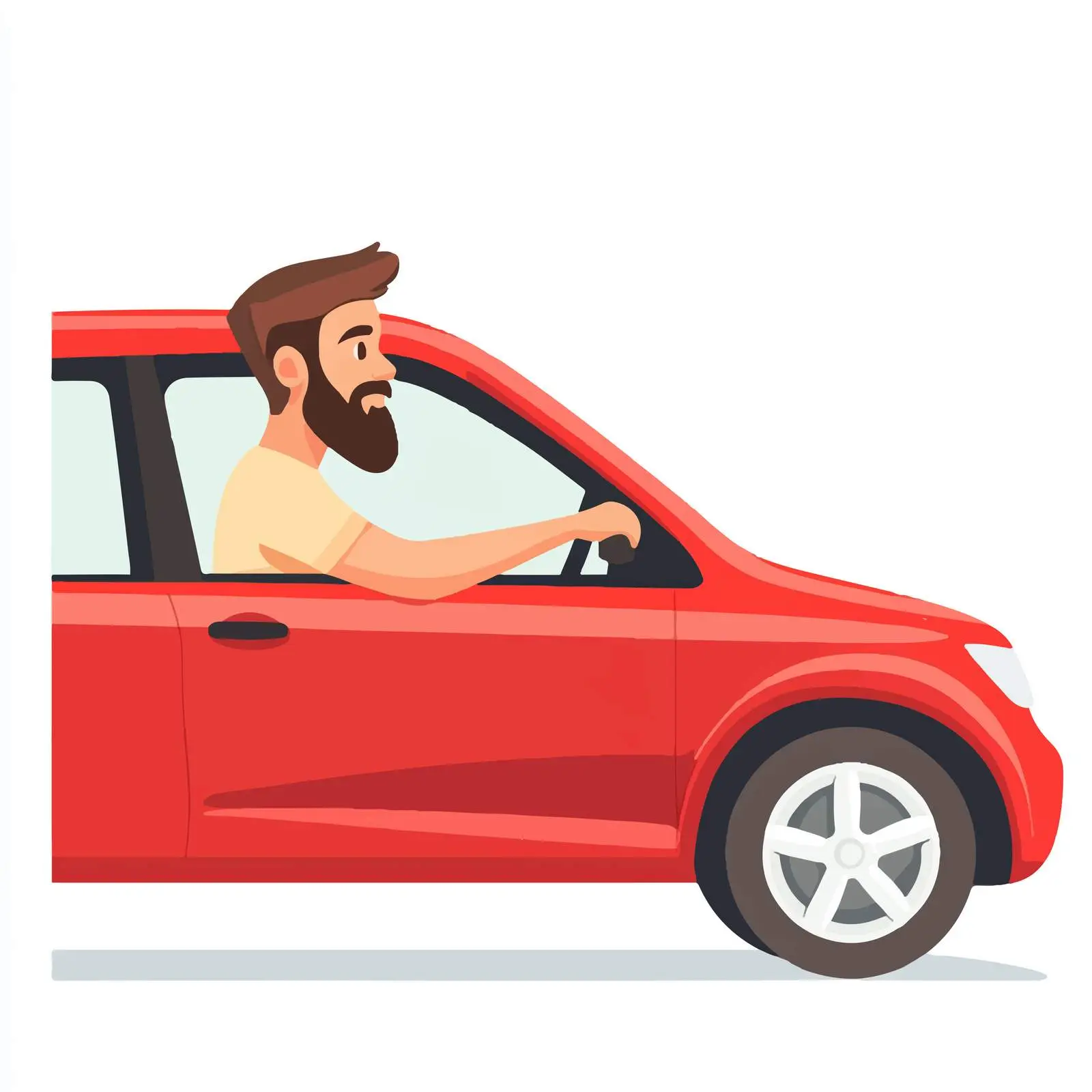 Young Bearded Man Driving Red Car Side View — free download from Dotvec