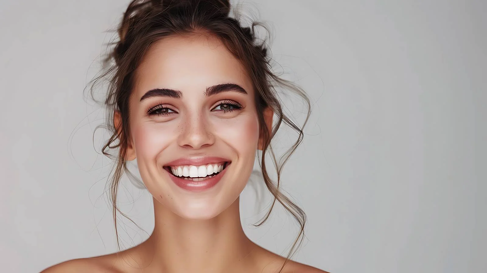 Radiant young lady against gray backdrop — free download from Dotvec