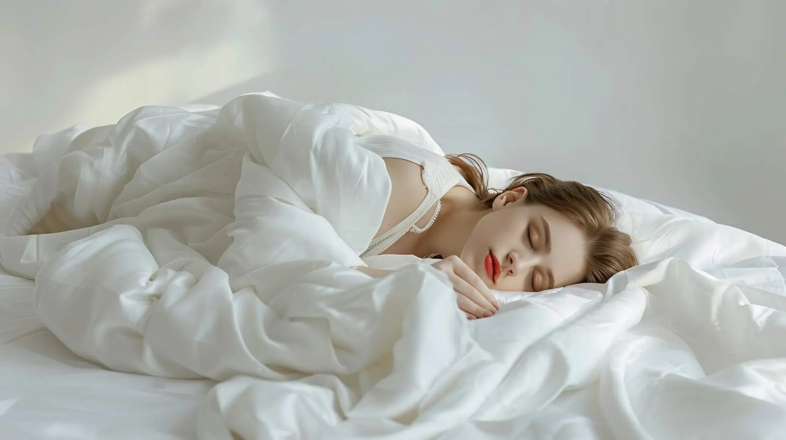Beautiful Young Woman Sleeping in White Bed – free bedding image from Dotvec