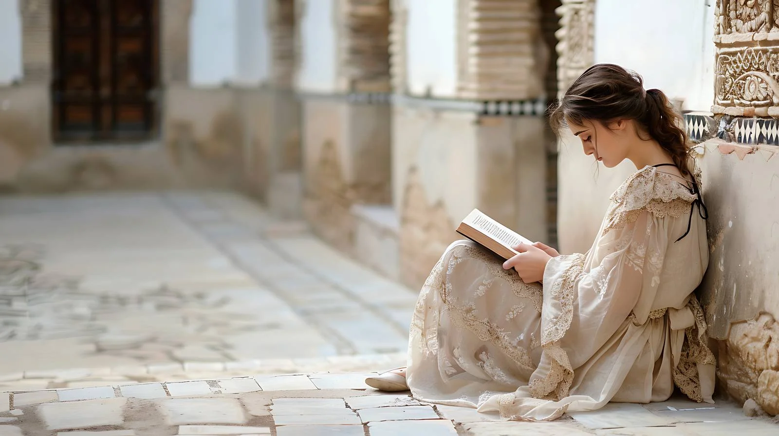 Serene young woman reading in courtyard — free download from Dotvec