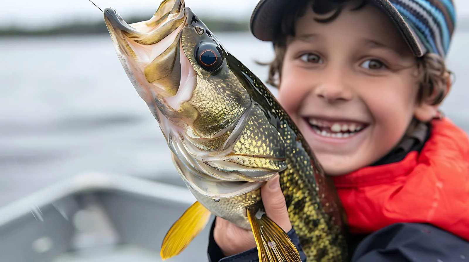 Joyful boy catches walleye in Minnesota — free download from Dotvec