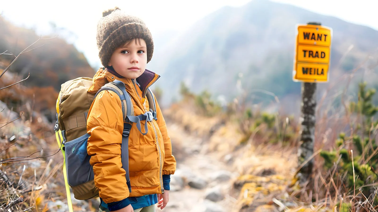 Child near caution sign along hiking path — free download from Dotvec