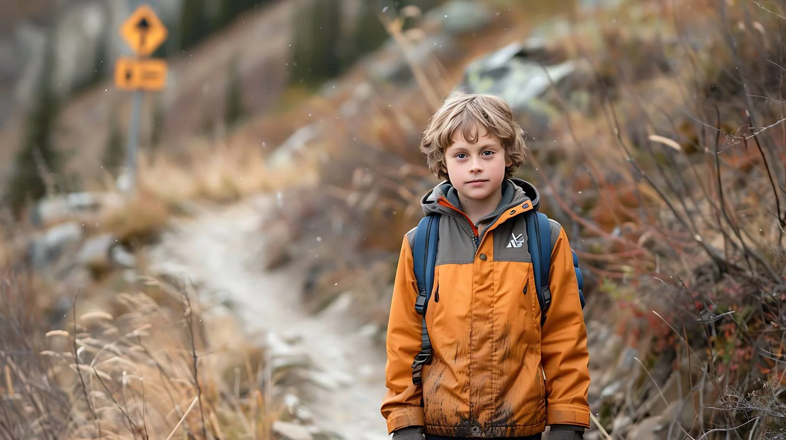 Child beside caution sign along trekking path — free download from Dotvec