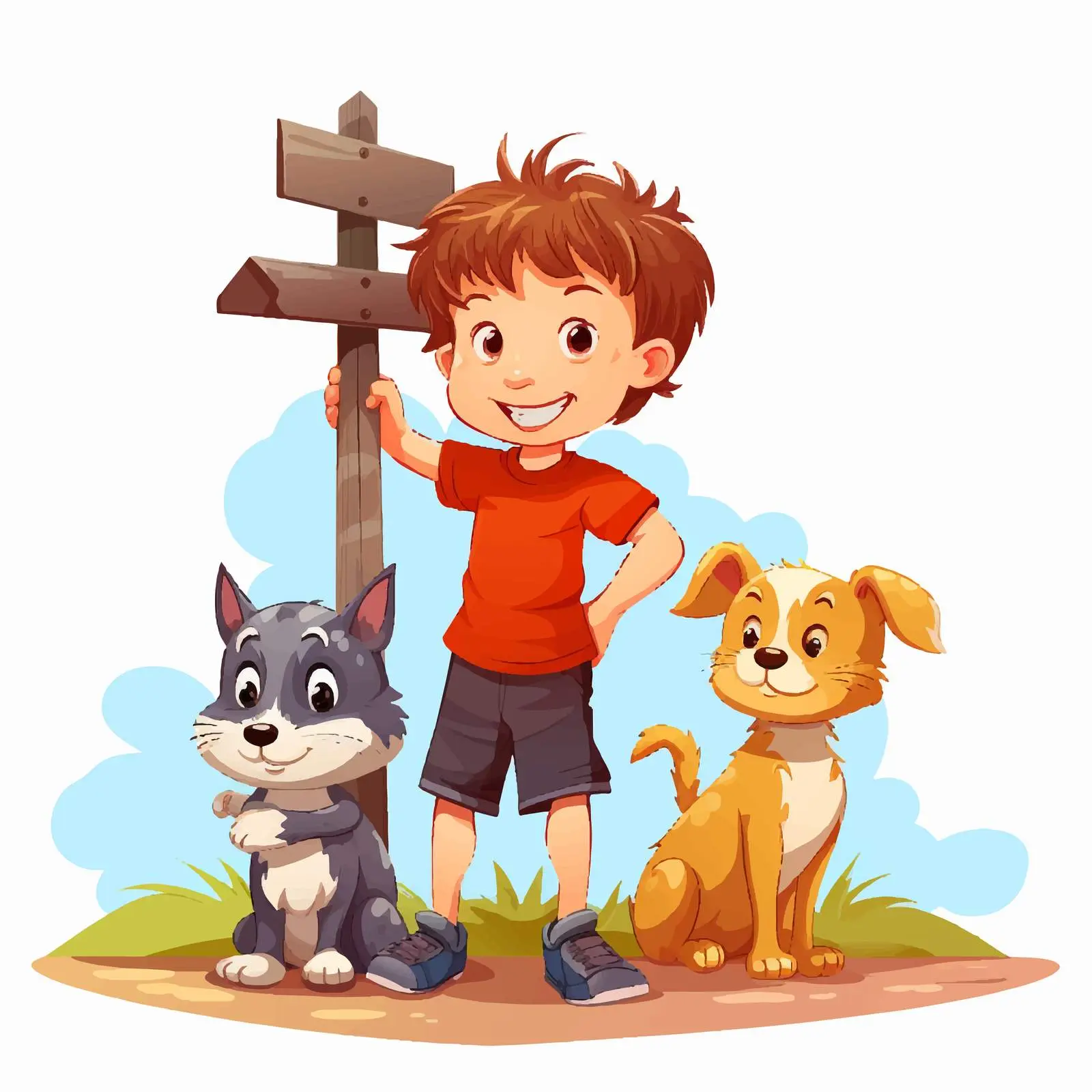 Young Boy with Three Pets by a Signpost – free vintage sign image from Dotvec