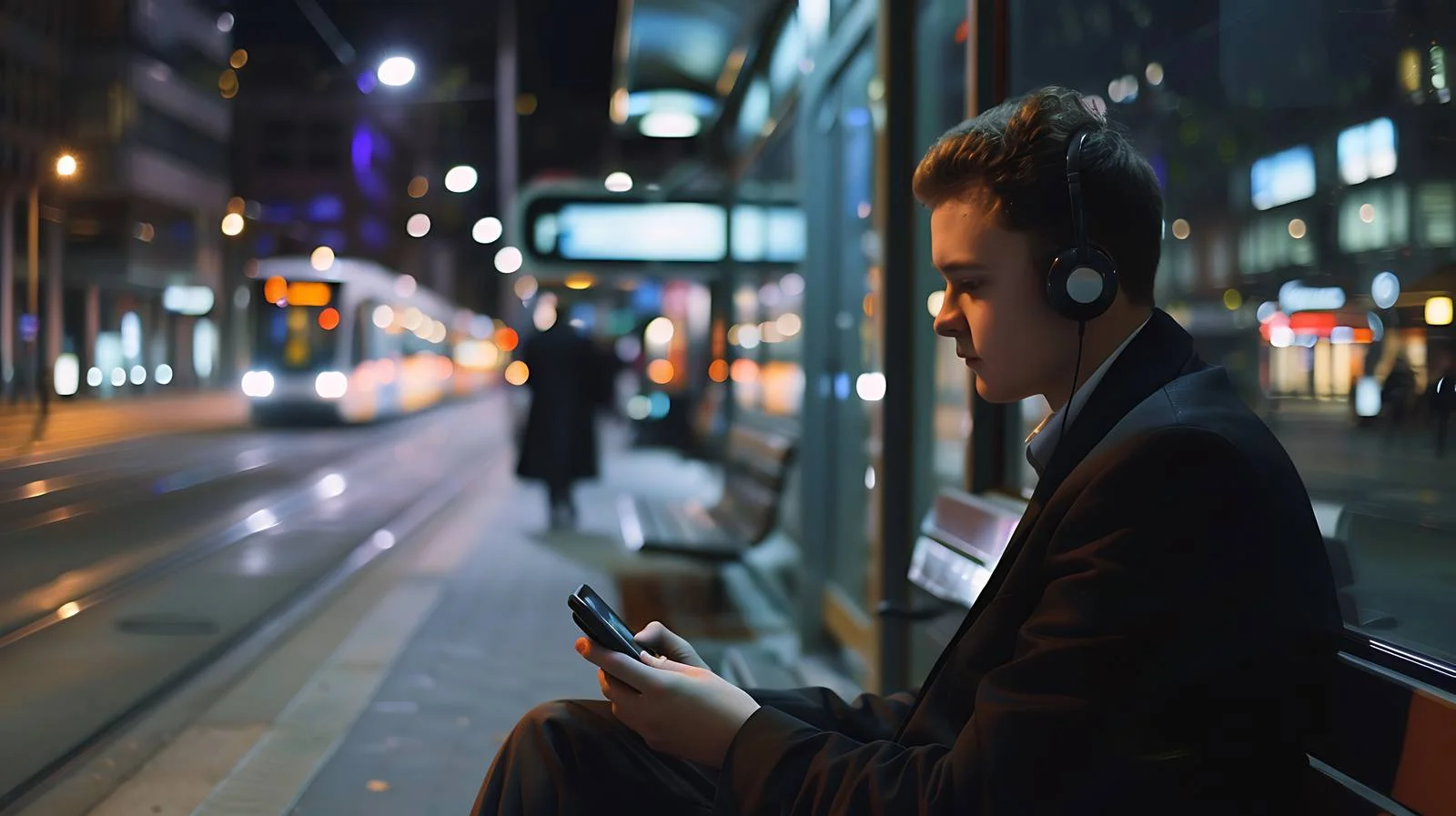 Businessman at Tram Stop in Evening — free download from Dotvec