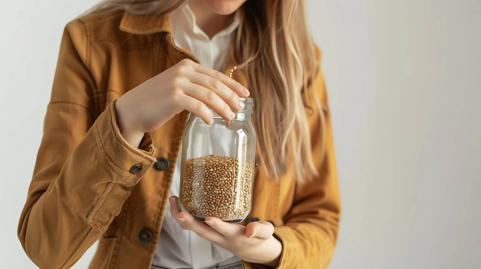 Businesswoman Filling Grain in Glass Jar — free download from Dotvec