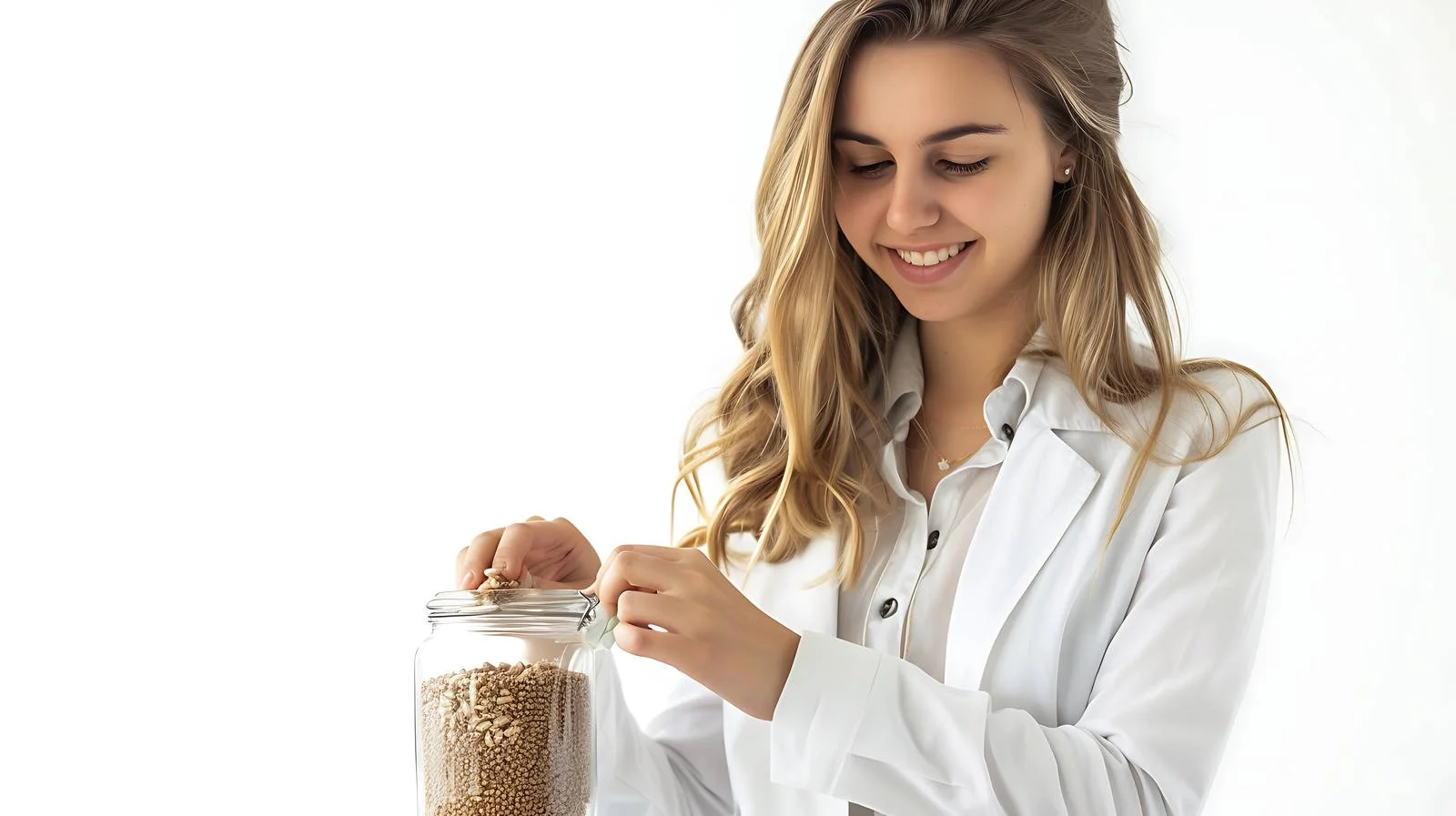 Businesswoman Filling Grain in Glass Jar — free download from Dotvec