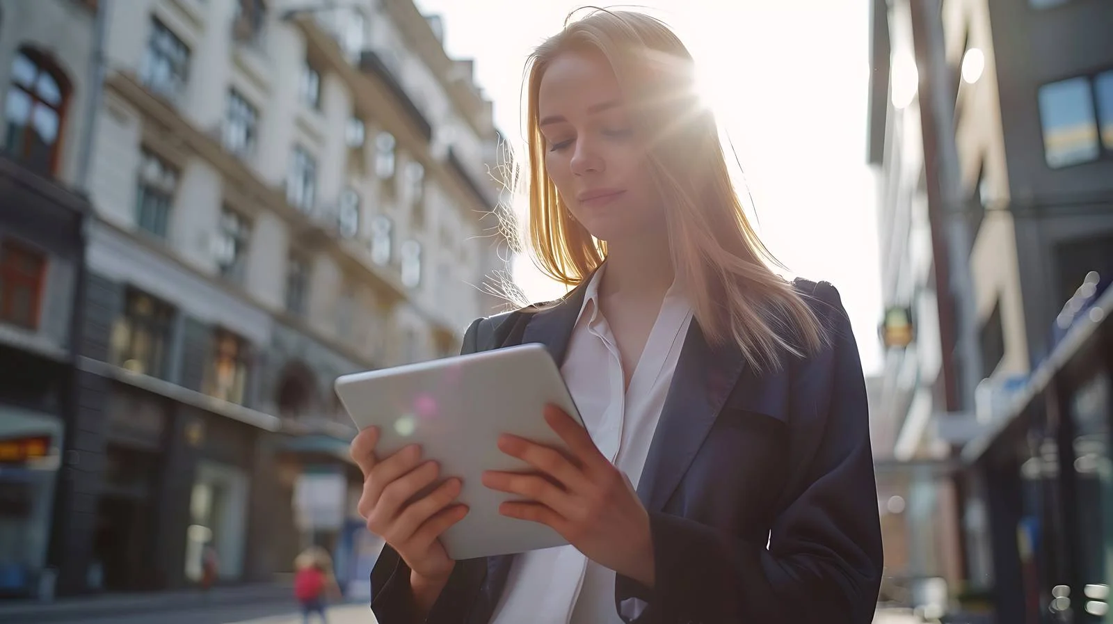 City Businesswoman Tablet Usage — free download from Dotvec
