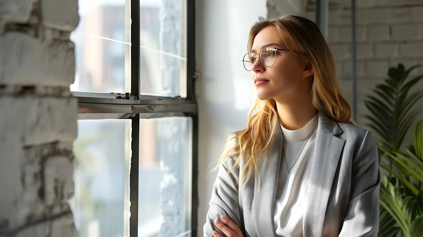 Contemplative young businesswoman in loft space — free download from Dotvec