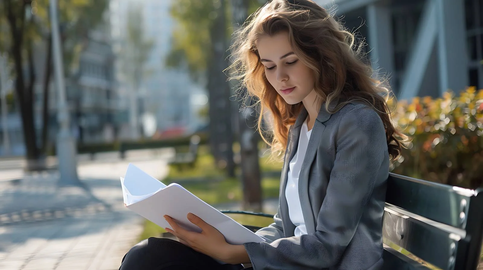Focused female executive reviewing paperwork at desk — free download from Dotvec