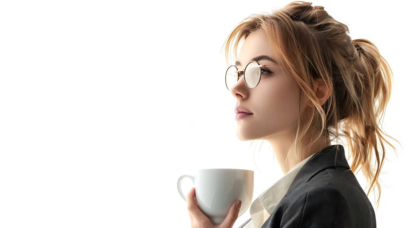 Focused Businesswoman with Coffee Gazing Out — free download from Dotvec