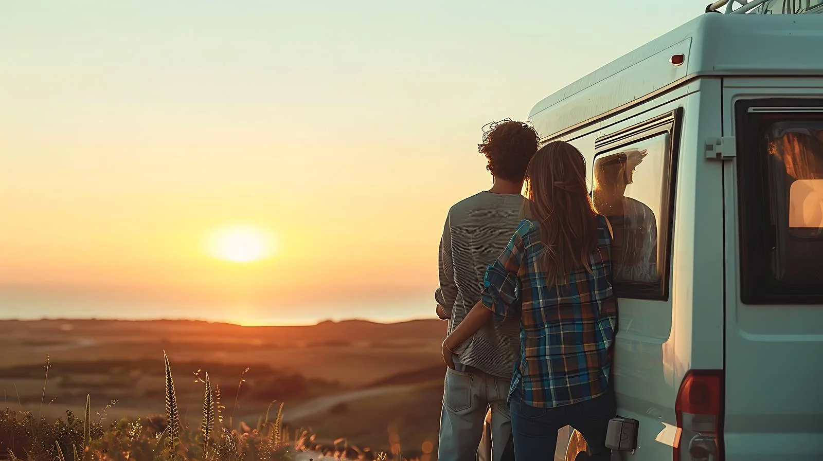 Serene Couple by Camper at Sunset — free download from Dotvec