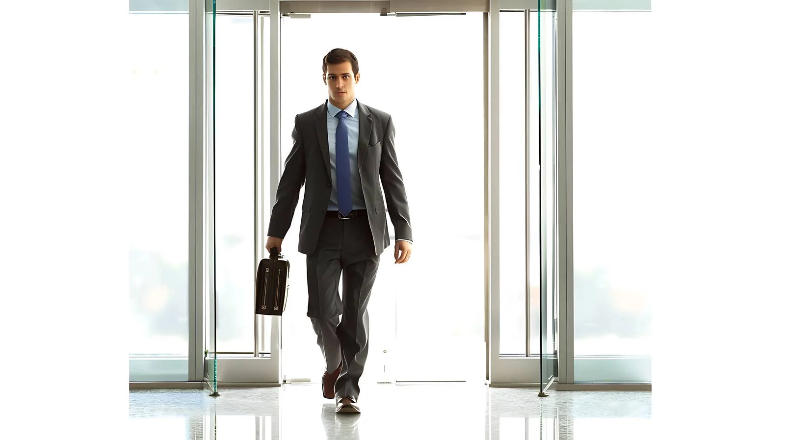 Professional entering modern office building entrance — free download from Dotvec