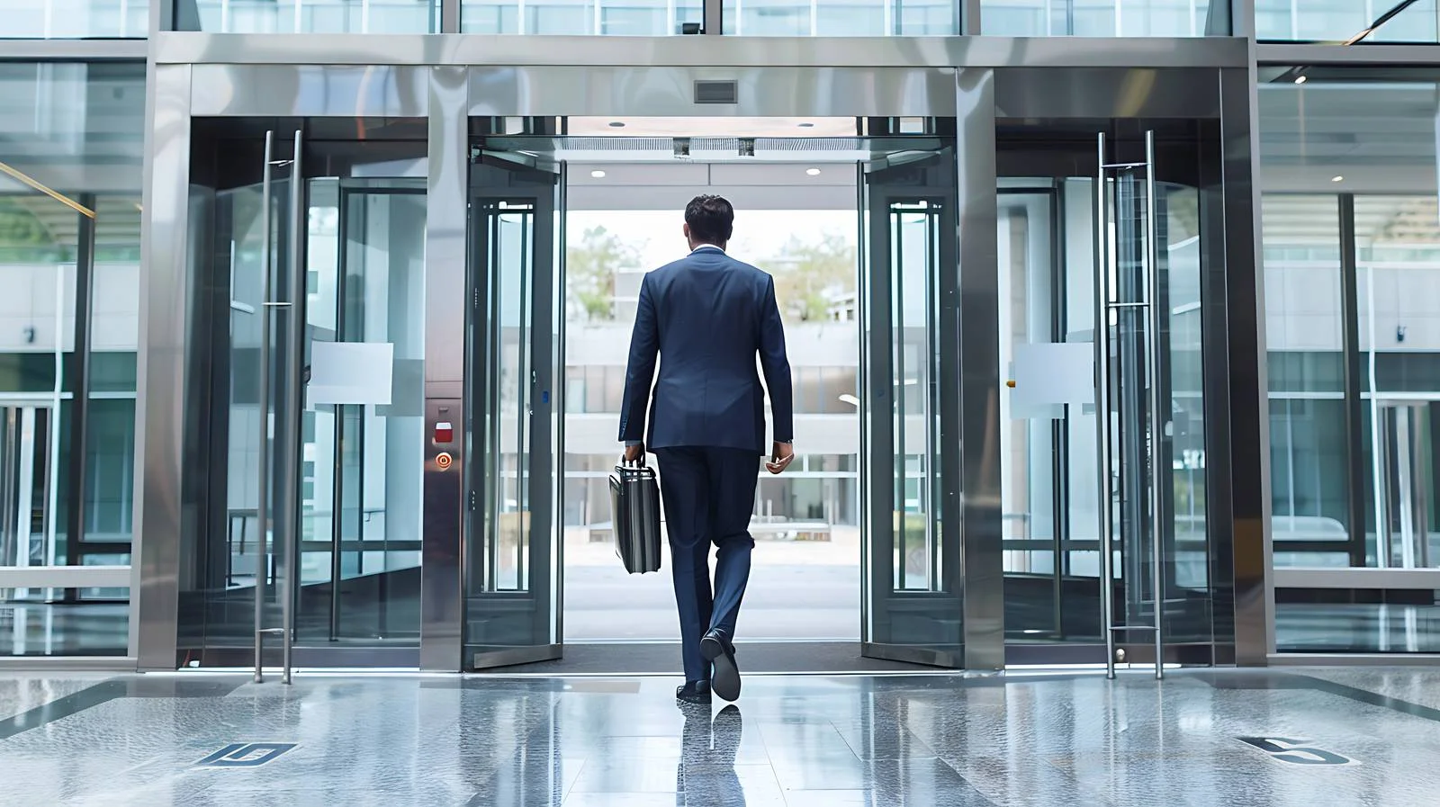Young professional entering corporate building entrance — free download from Dotvec