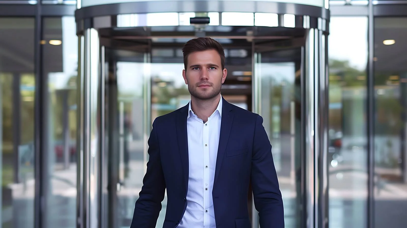 Professional entering urban office building entryway — free download from Dotvec