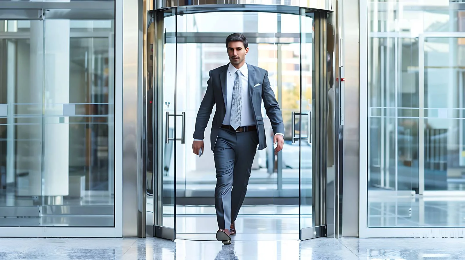 Professional entering corporate office building entrance — free download from Dotvec