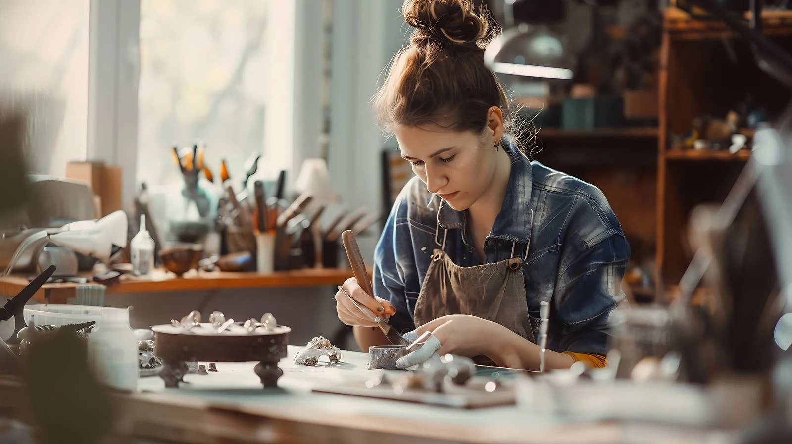 Female Jeweler Polishing Jewelry Workshop — free download from Dotvec