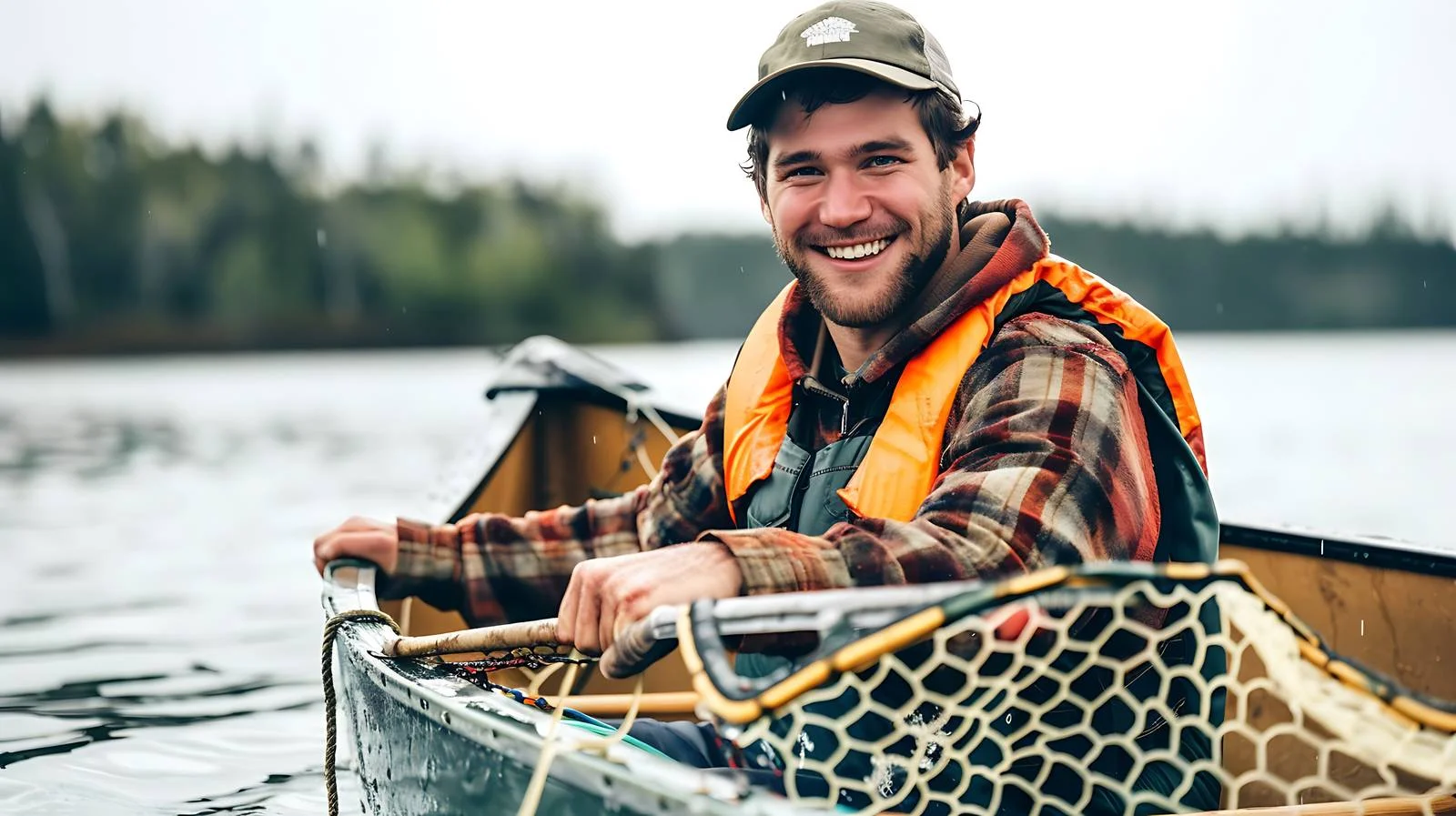 Cheerful young angler spots walleye in canoe — free download from Dotvec