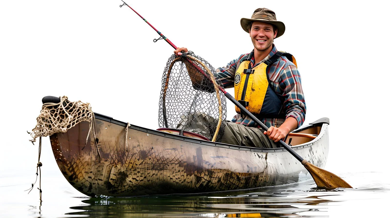 Cheerful young angler spots fish in net — free download from Dotvec