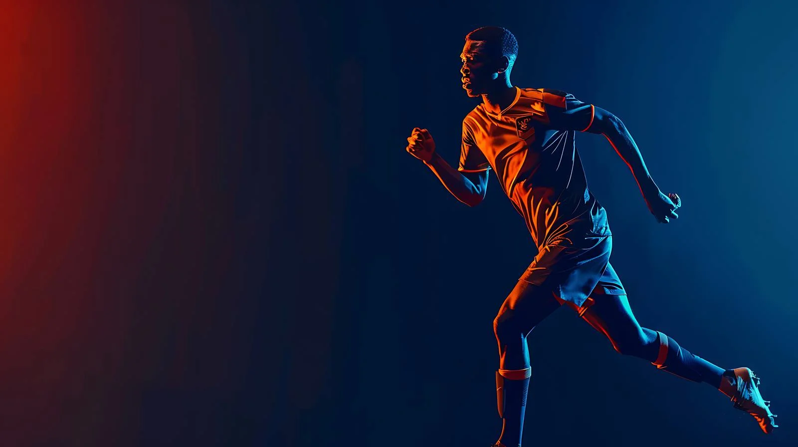 Dynamic young soccer player running under dim lighting — free download from Dotvec