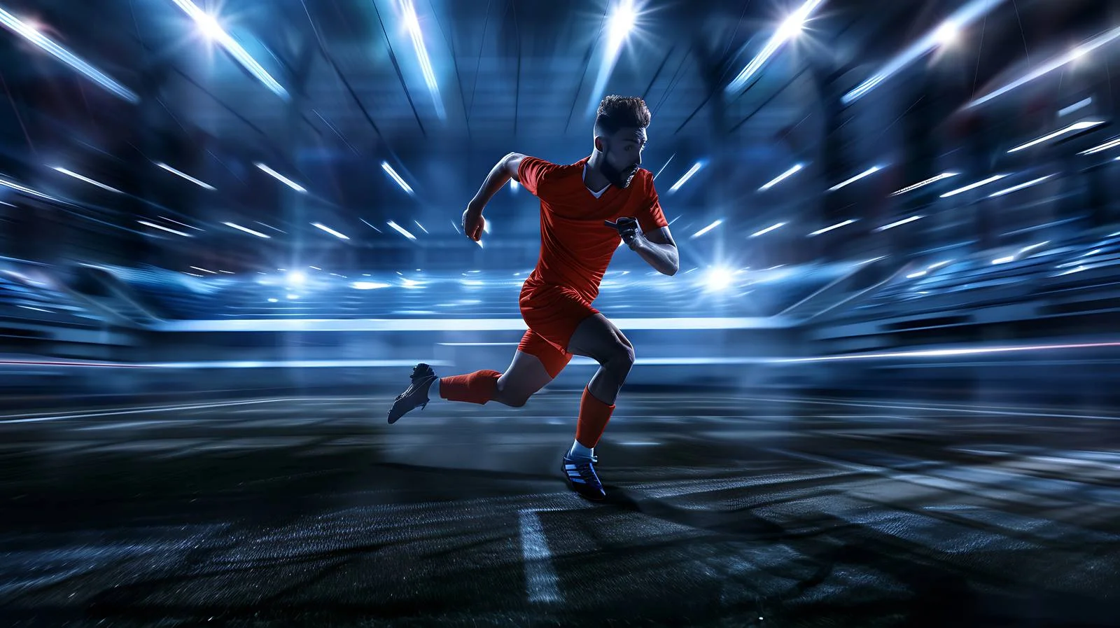 Energetic young footballer sprinting on dim background — free download from Dotvec