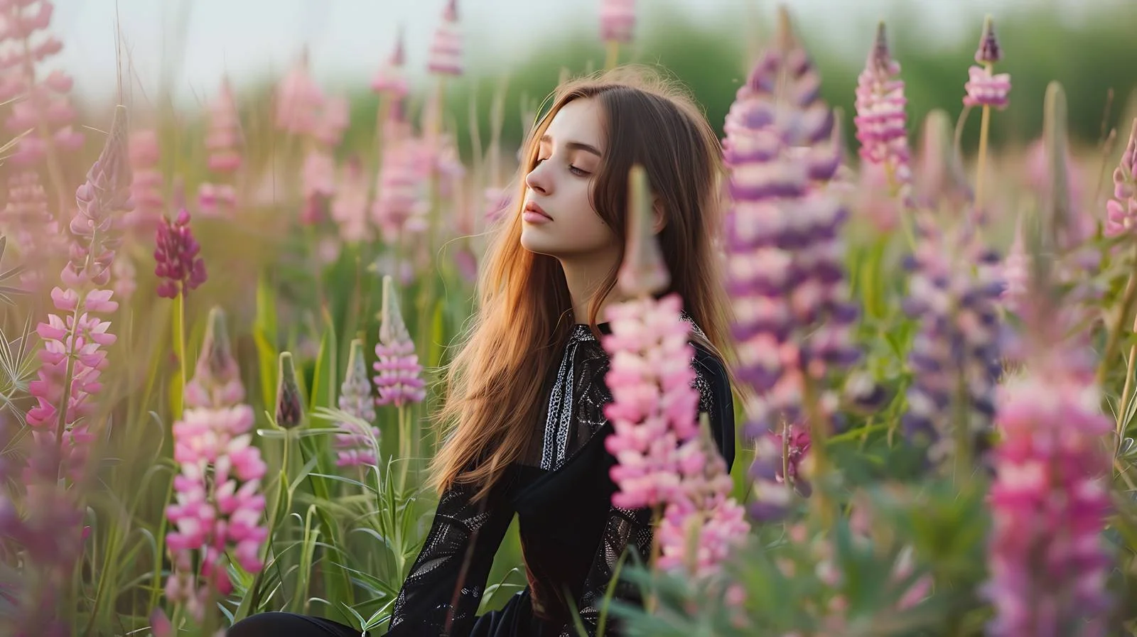 Beautiful girl in black dress among lupines — free download from Dotvec