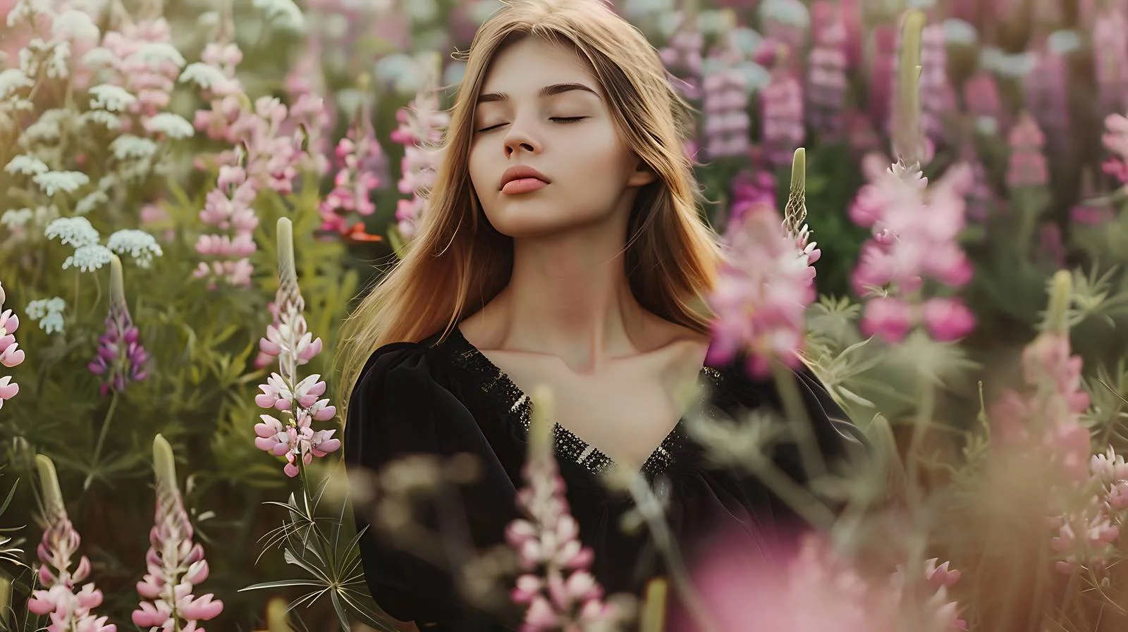 Serene young woman amidst lupine flowers — free download from Dotvec
