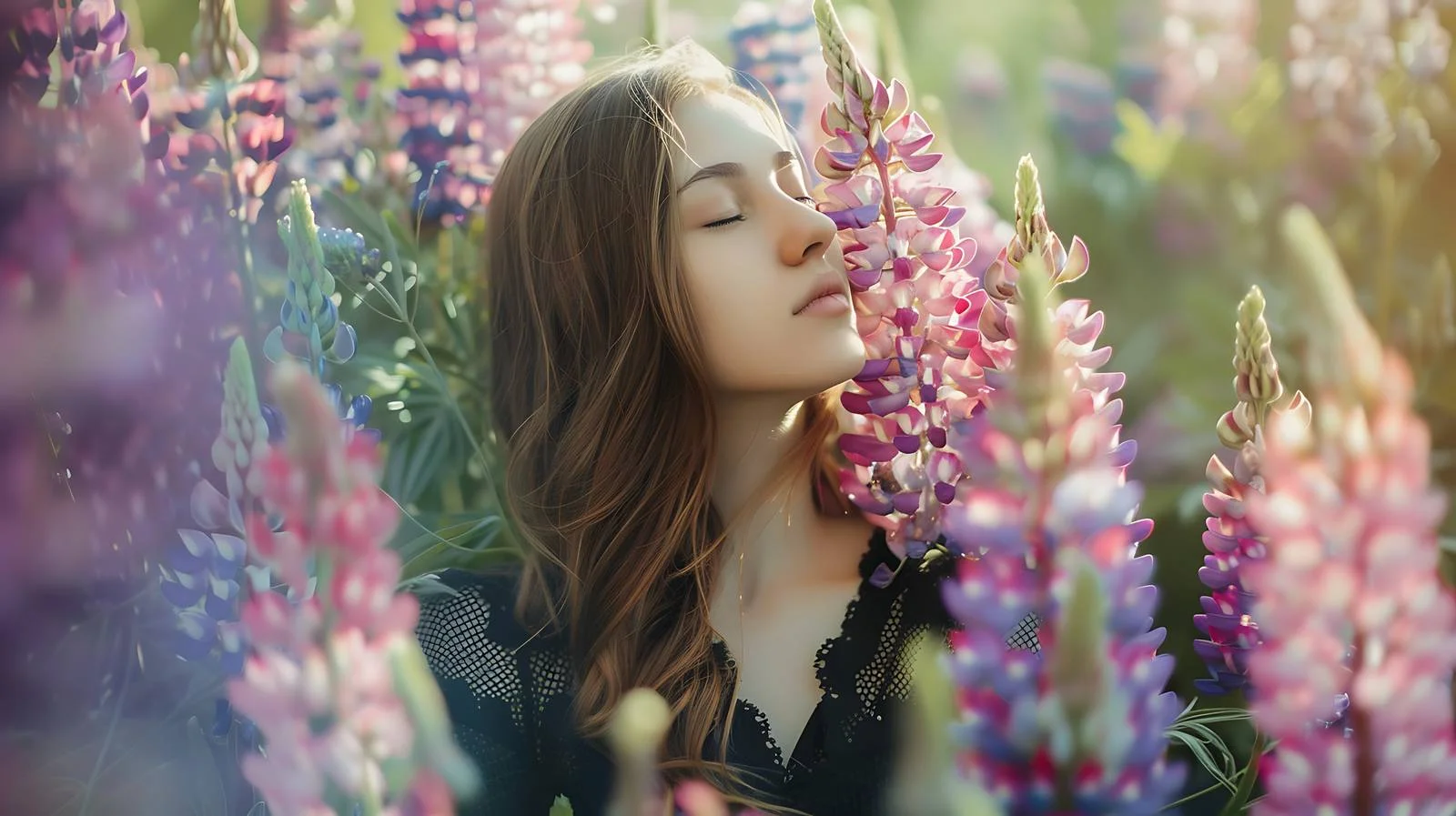 Elegant young lady amidst lupine flowers — free download from Dotvec