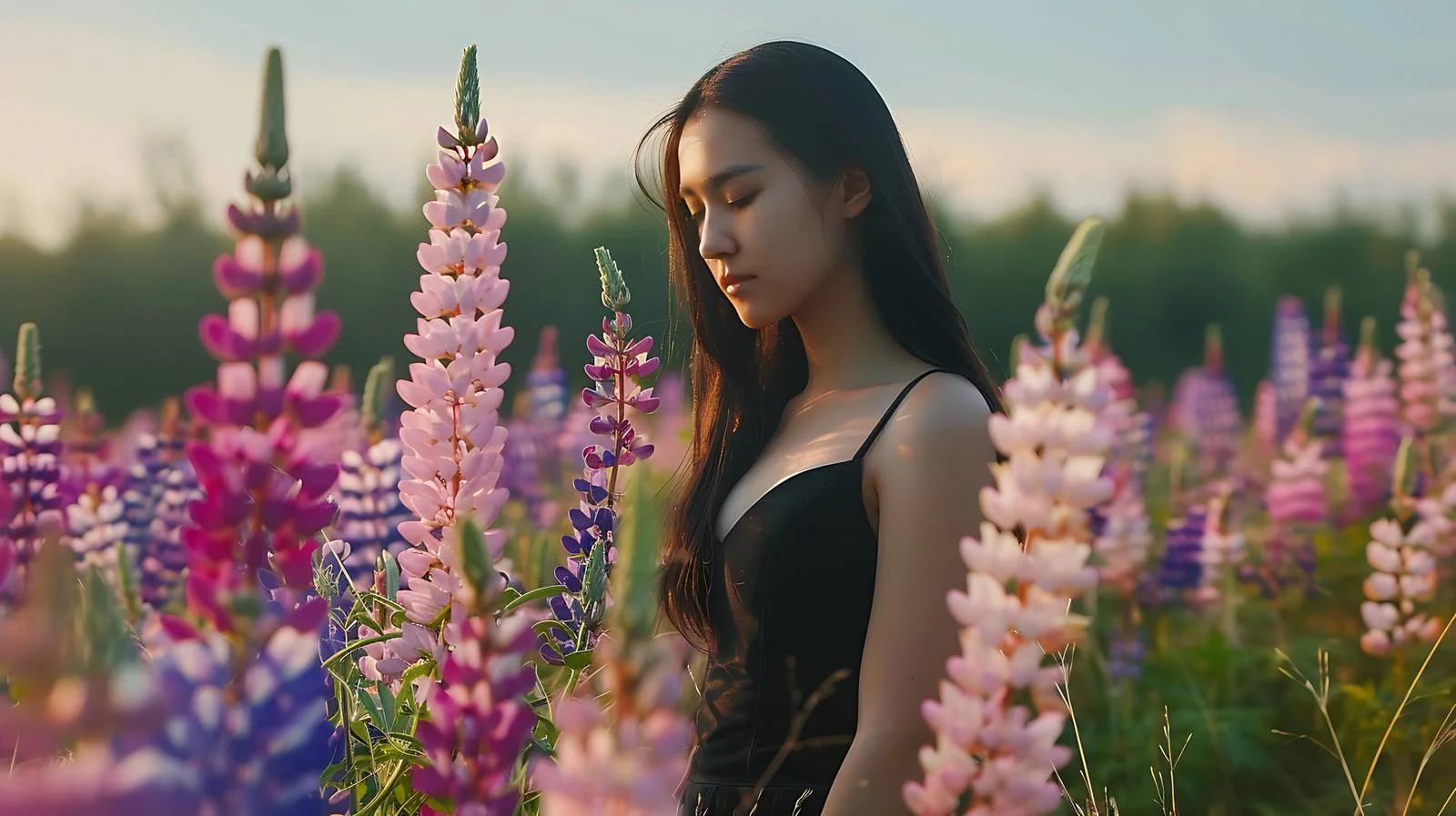 Serene girl amidst lupine flowers outdoors — free download from Dotvec