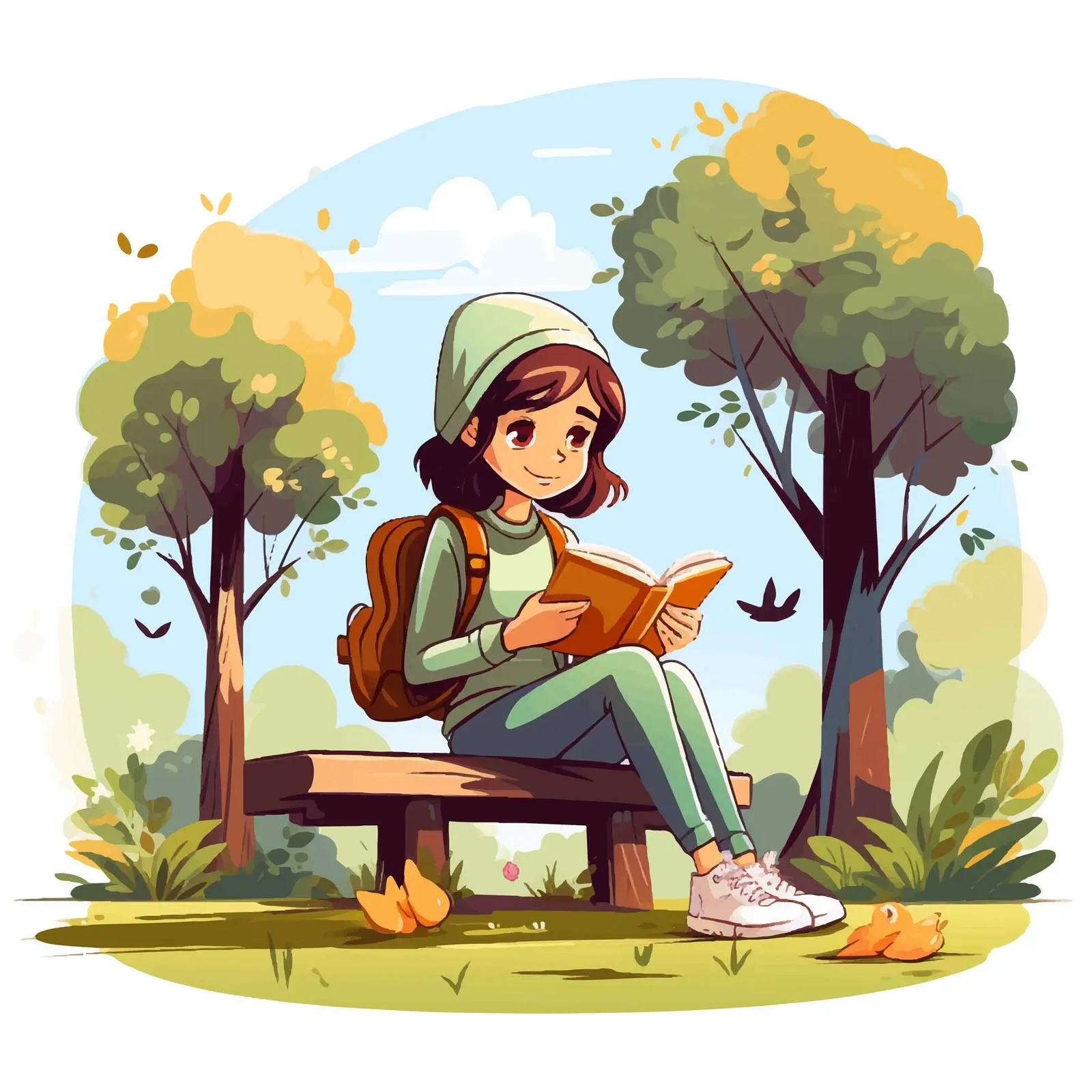 Young Girl Reading in Park Vector Illustration — free download from Dotvec