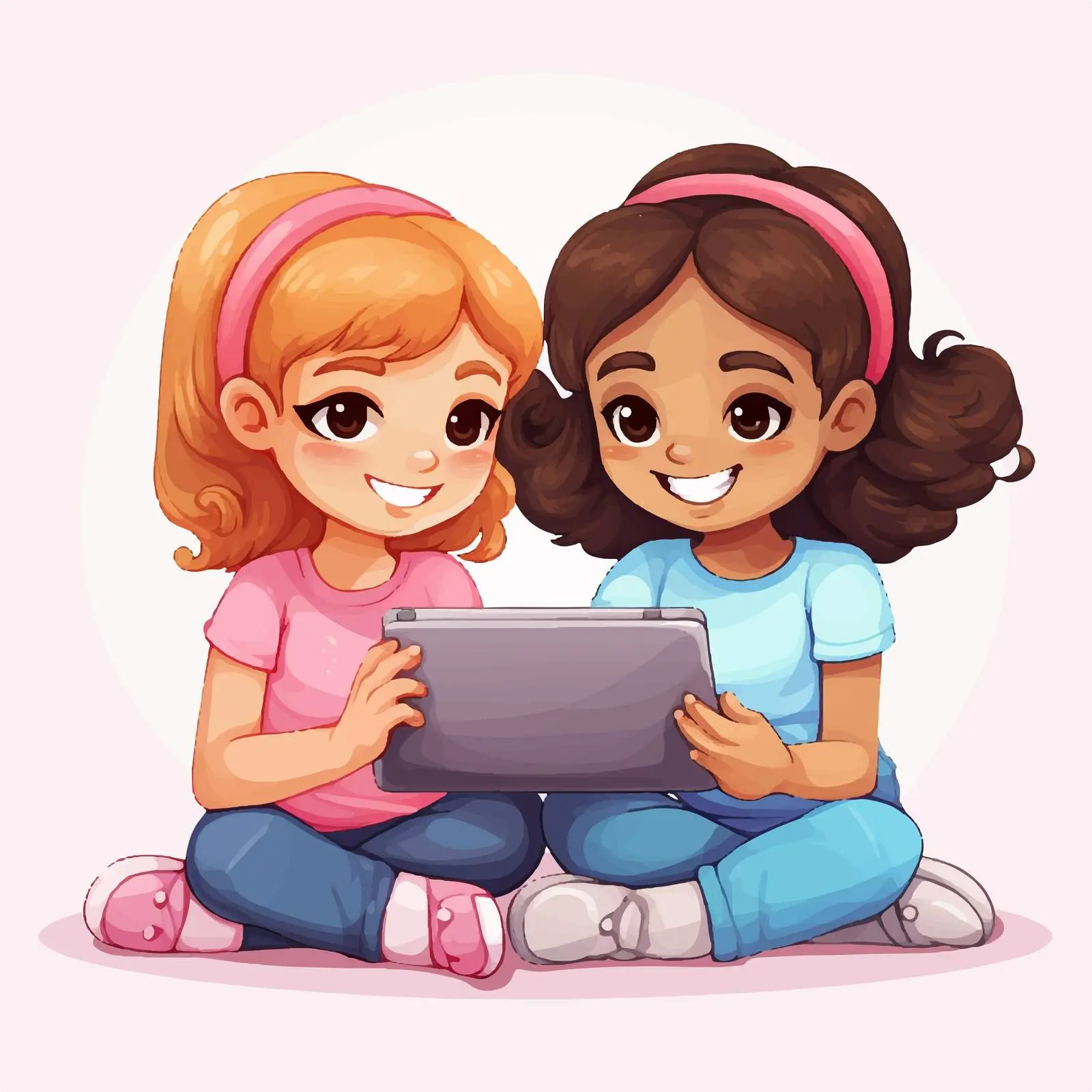 Young Girls Engaged with Tablet Illustration — free download from Dotvec