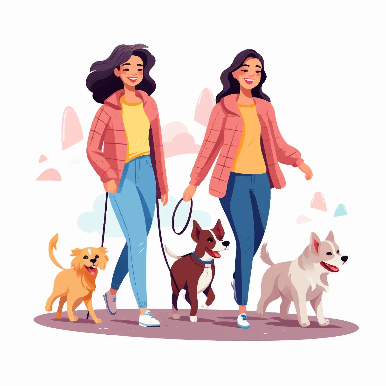 Young Girls Walking Dogs in Colorful Illustration – free leash image from Dotvec