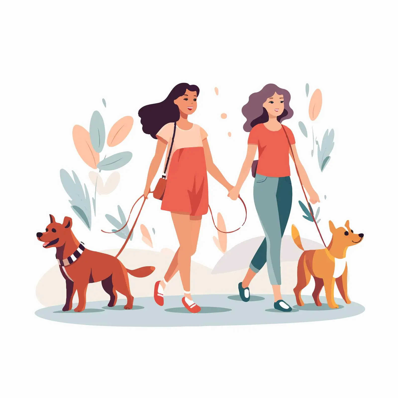 Girls Walking Dogs in Colorful Illustration – free leash image from Dotvec