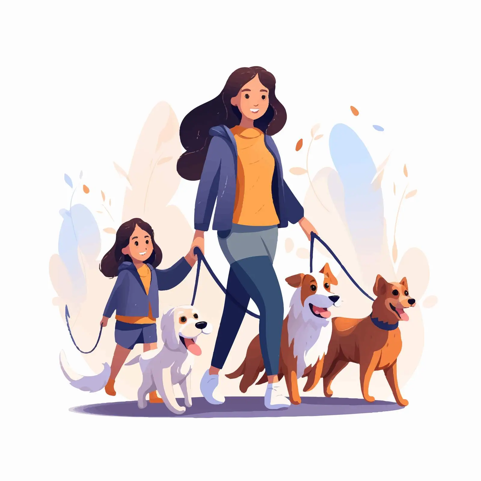 Young Girls Walking with Dogs - Vector Illustration – free leash image from Dotvec