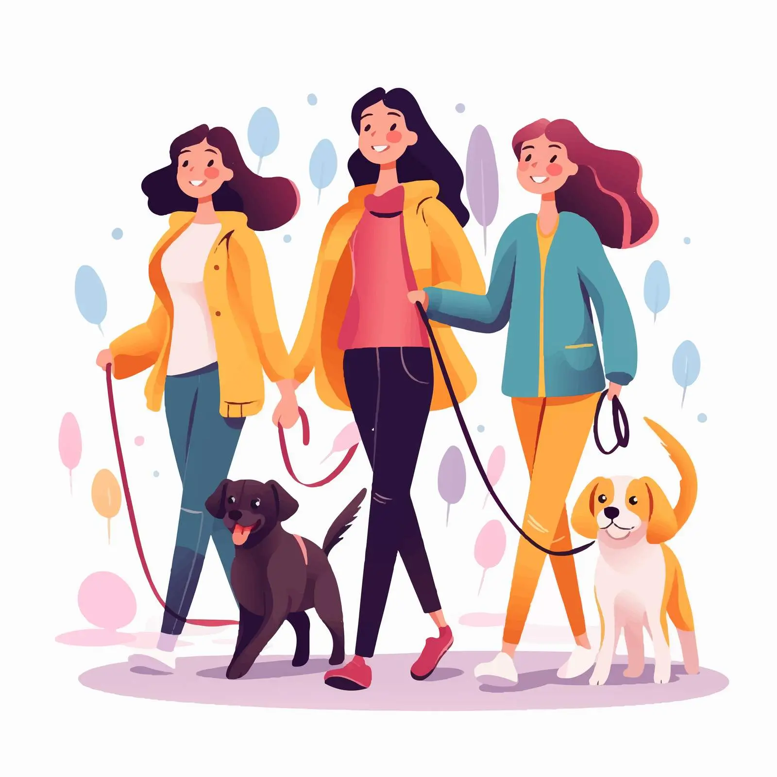 Young Girls Walking with Dogs Vector Illustration — free download from Dotvec