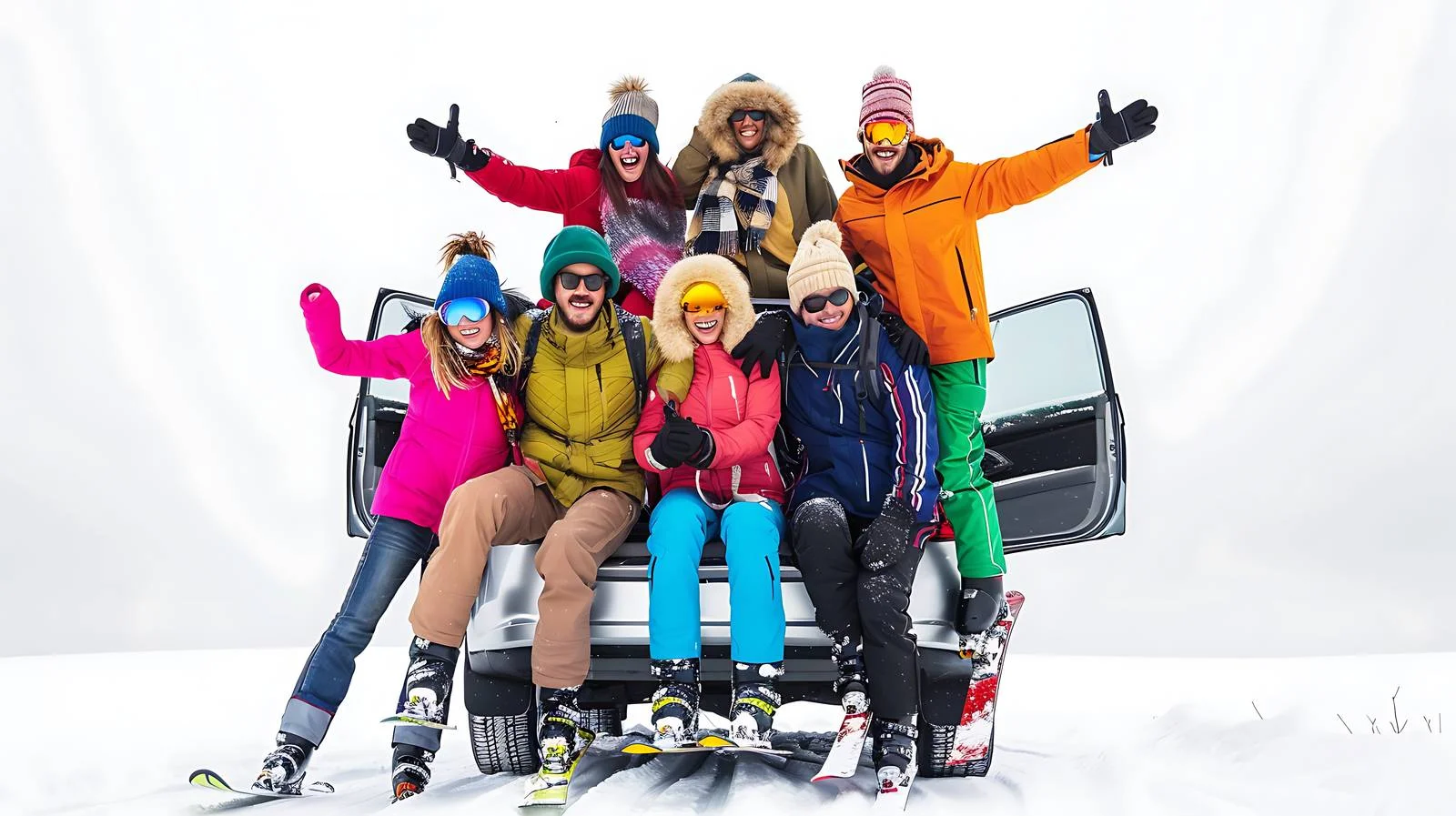 Friends Skiing Group Outdoors Sitting Car — free download from Dotvec