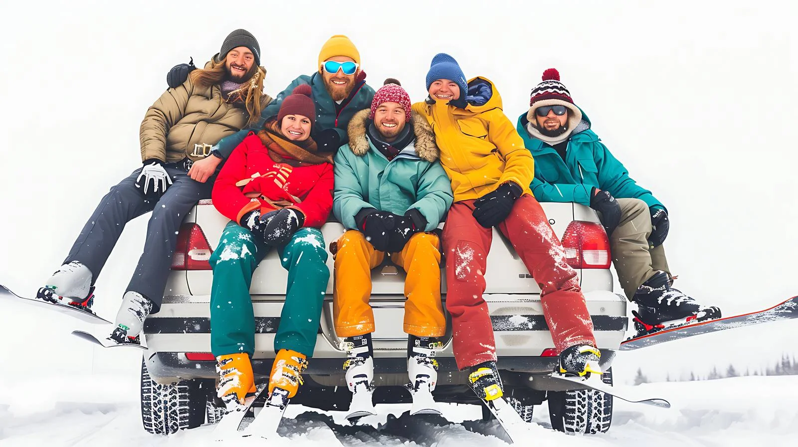 Youthful Friends Ski Together on Car Hood — free download from Dotvec