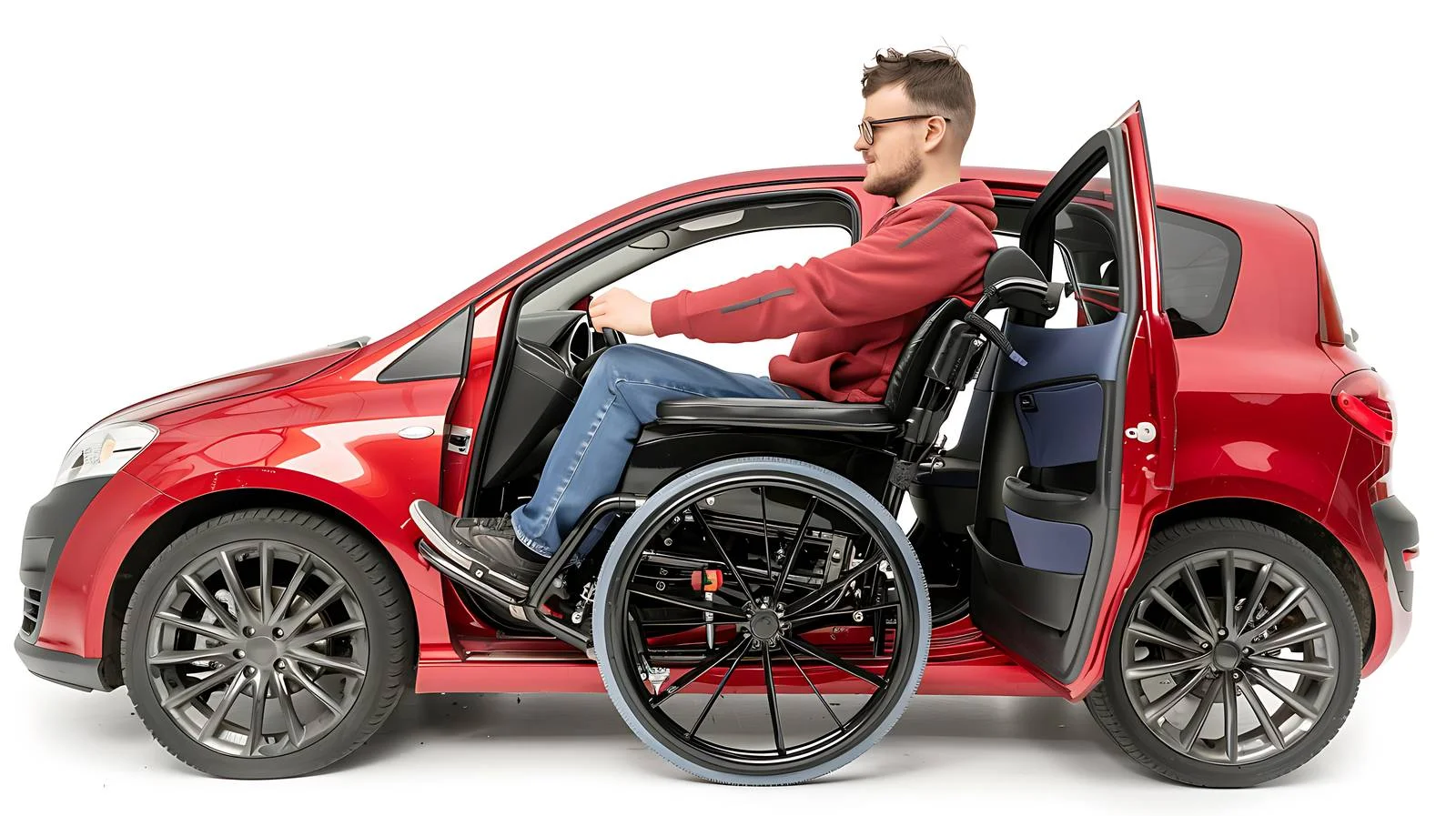 Young Handicapped Driver Getting in Red Car — free download from Dotvec