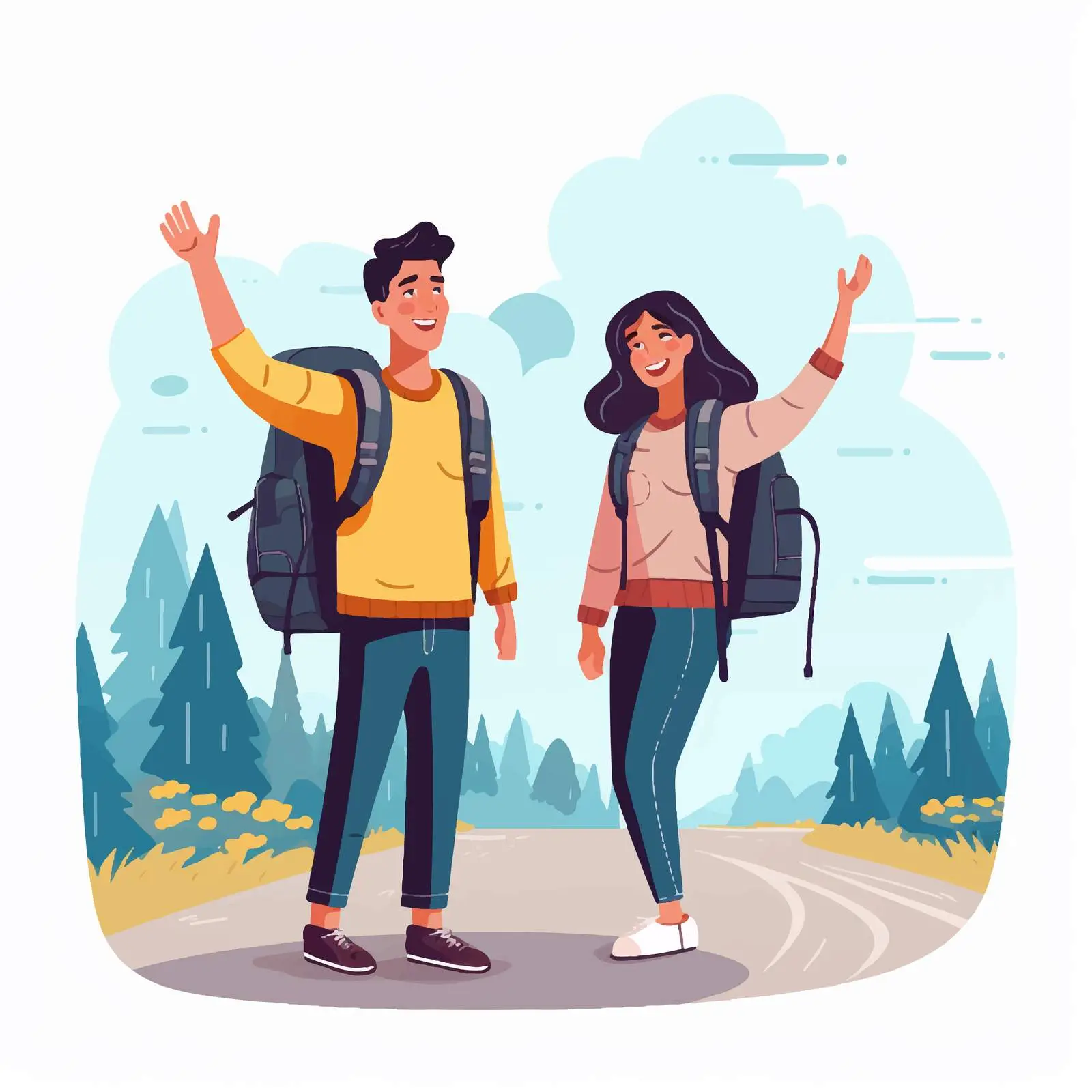 Happy Couple with Backpacks on Scenic Road — free download from Dotvec