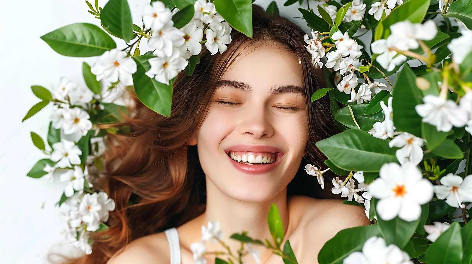 Cheerful young woman by blooming bush — free download from Dotvec