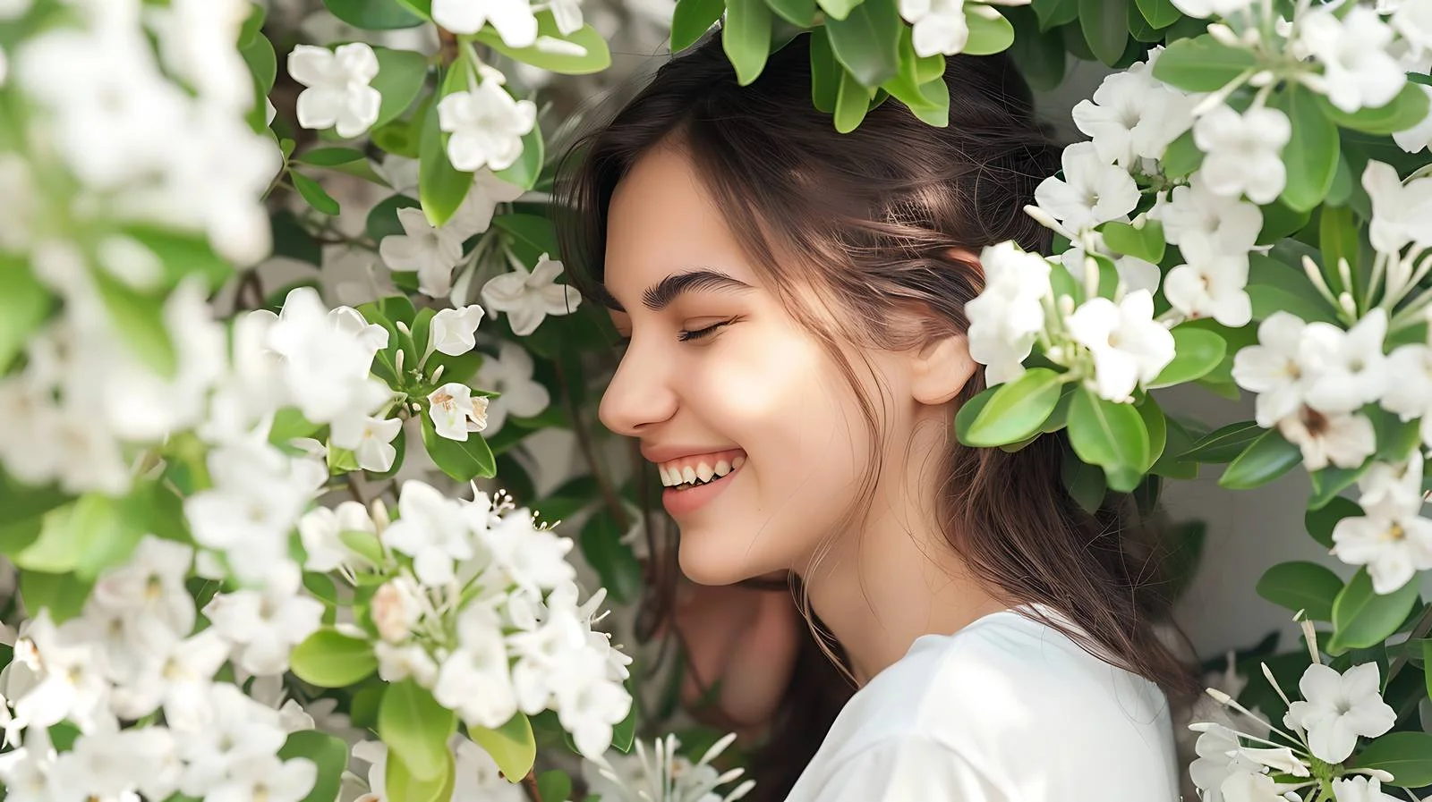 Cheerful young woman near vibrant blooming bush — free download from Dotvec