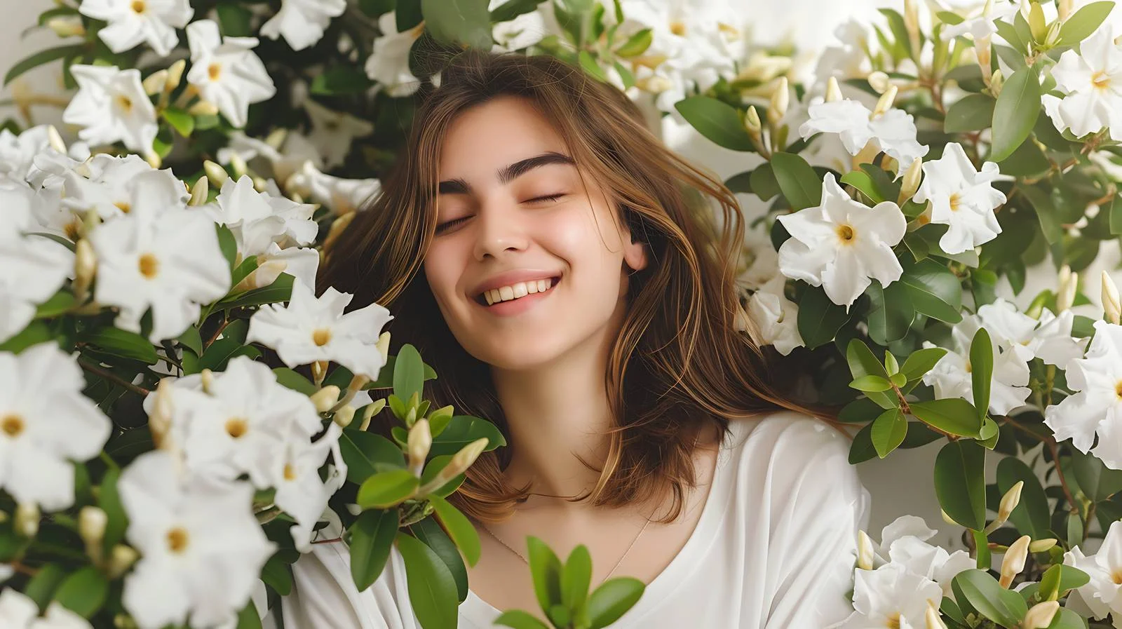 Joyful woman near blooming bushes — free download from Dotvec