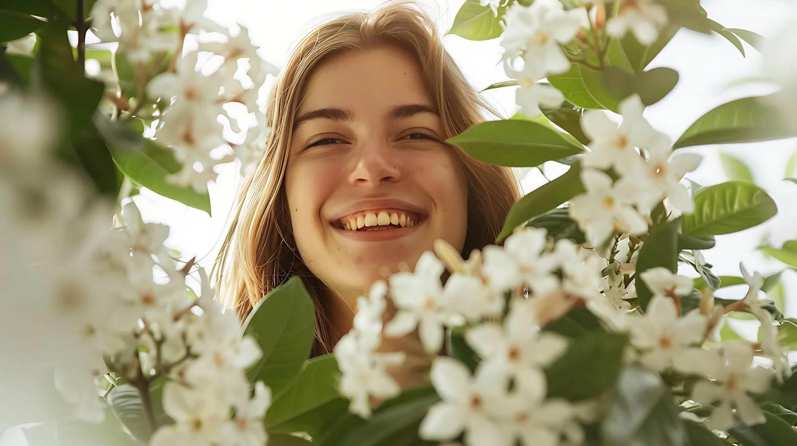 Joyful young woman by vibrant bush — free download from Dotvec