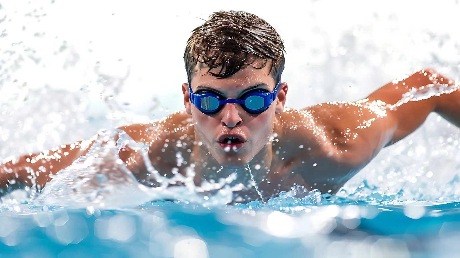Competitive young swimmer breaststrokes in race — free download from Dotvec