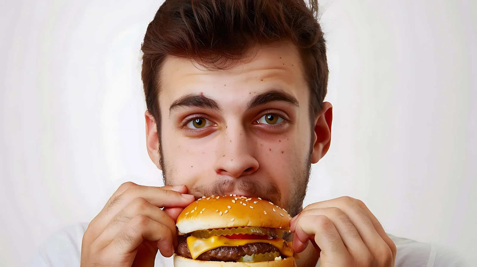 Young Man Eating Cheeseburger on White Background — free download from Dotvec