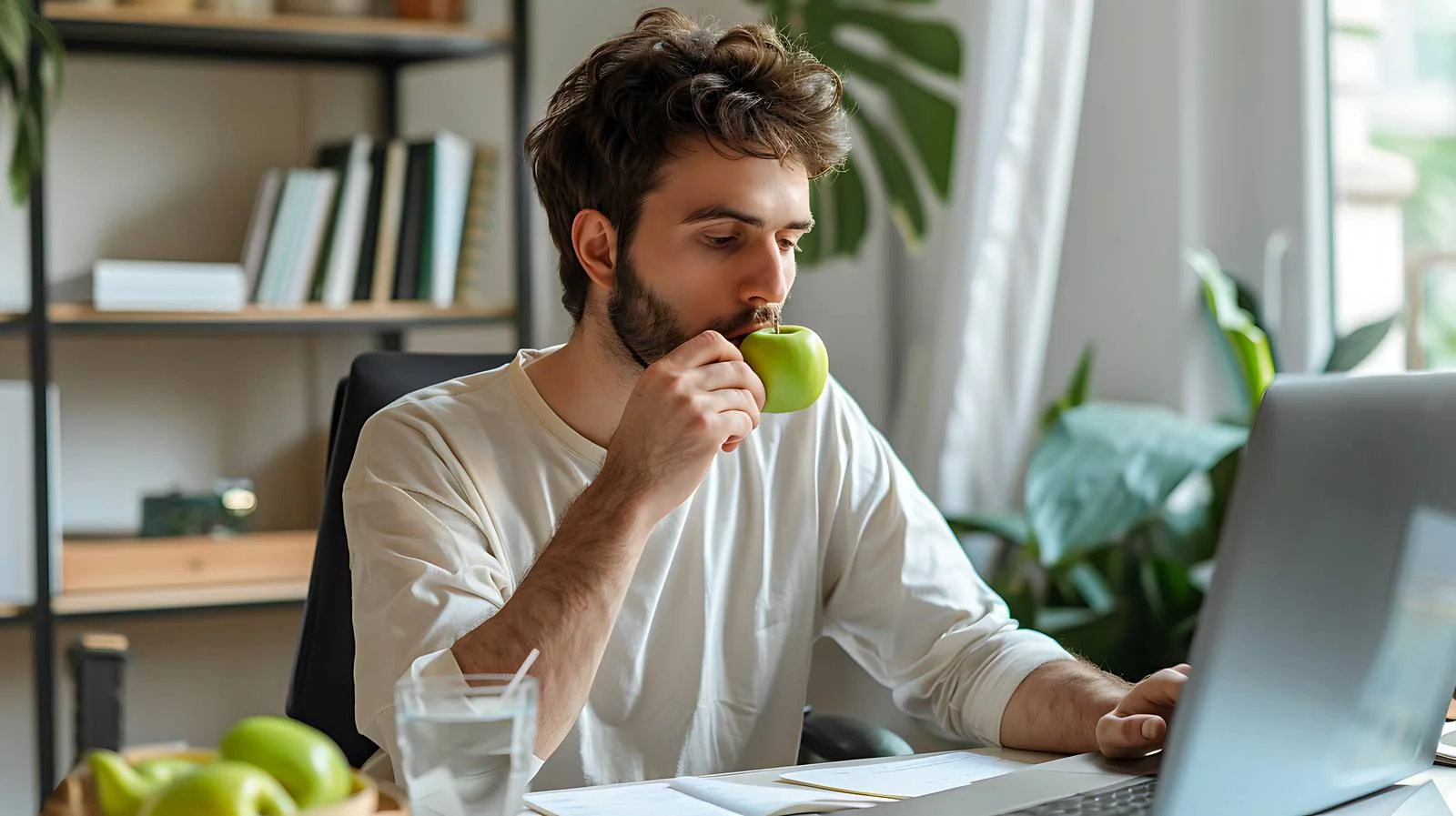 Young Man Multitasking with Apple Snack — free download from Dotvec
