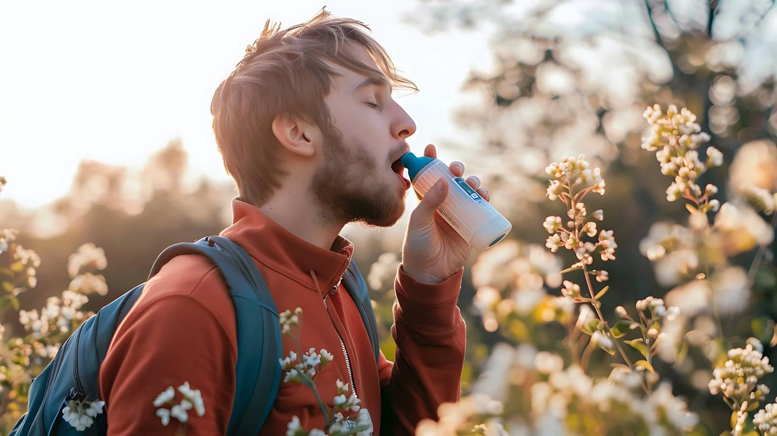 Man Using Asthma Inhaler Outdoors — free download from Dotvec