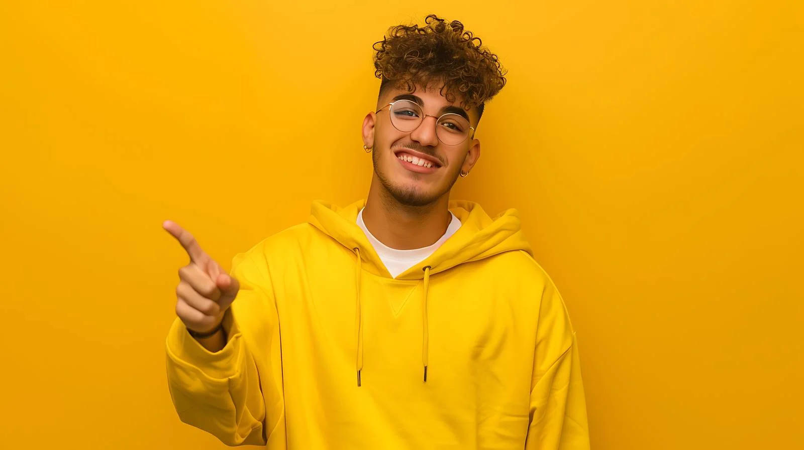Young Man Pointing on Yellow Background — free download from Dotvec