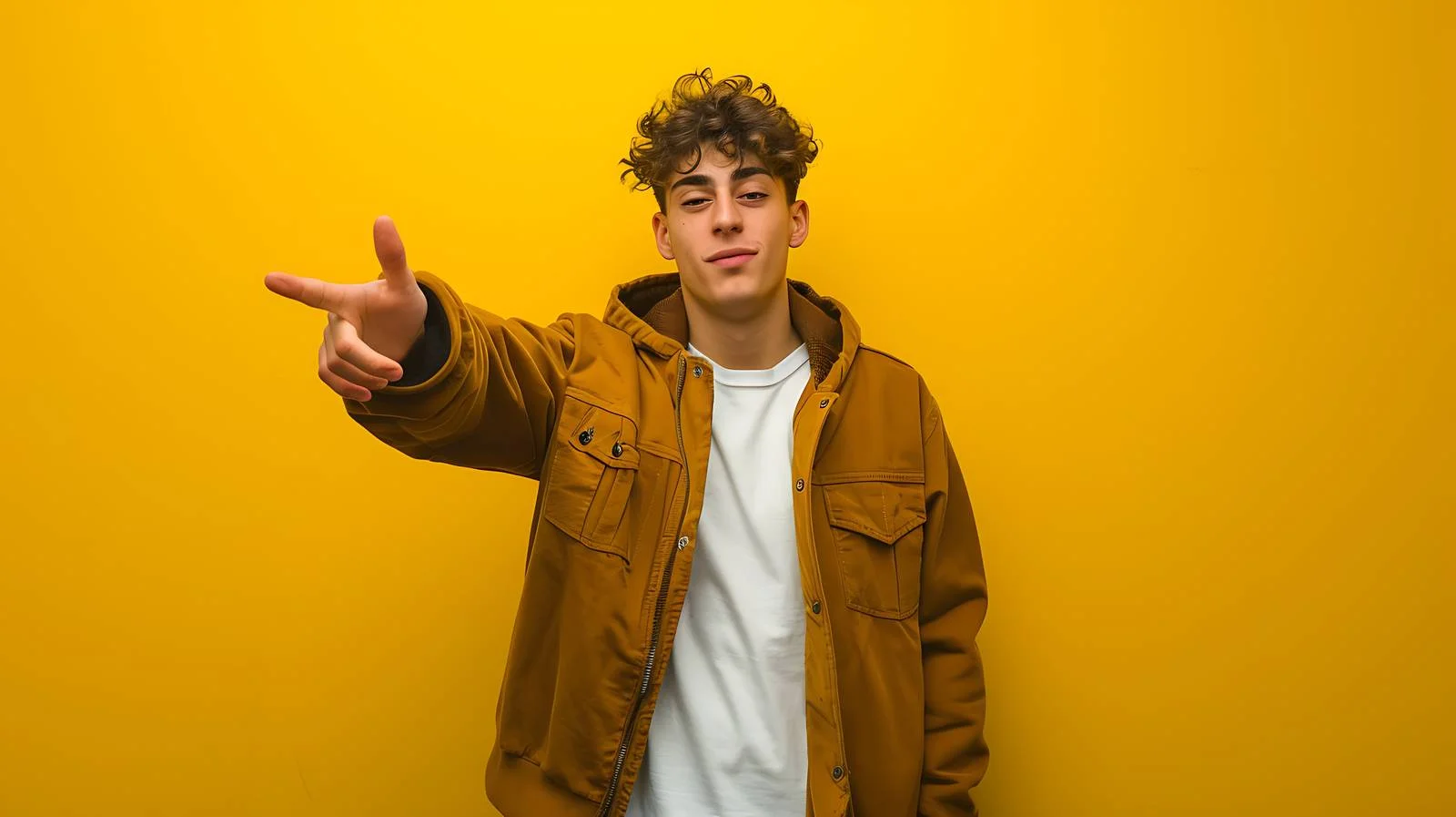 Young Man Pointing on Yellow Background — free download from Dotvec