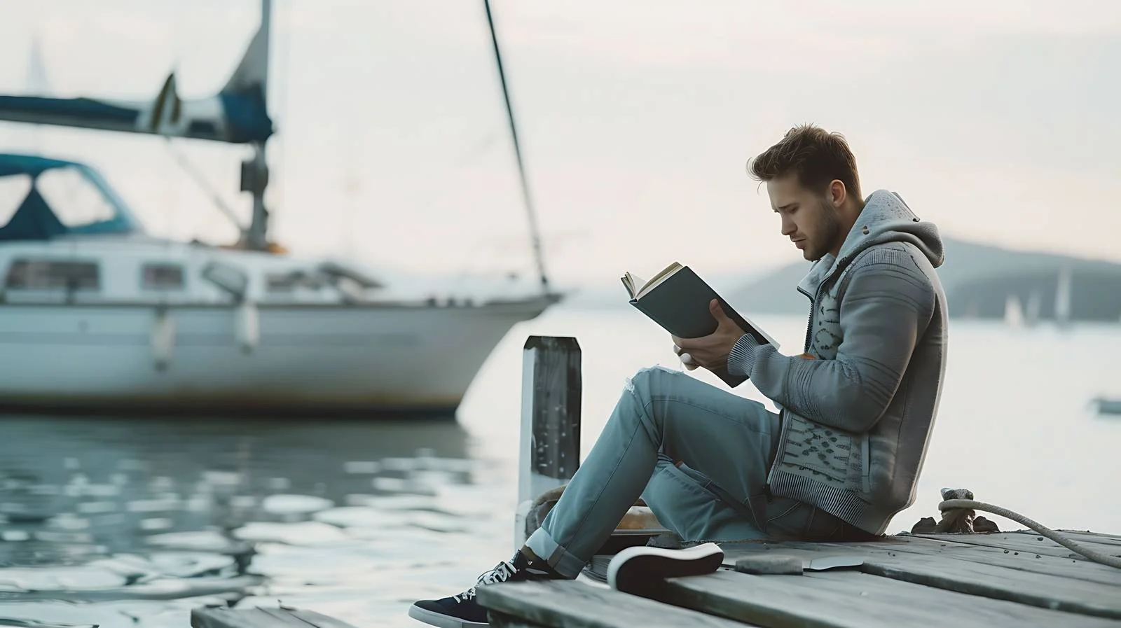 Tranquil Seascape Reader on Jetty — free download from Dotvec